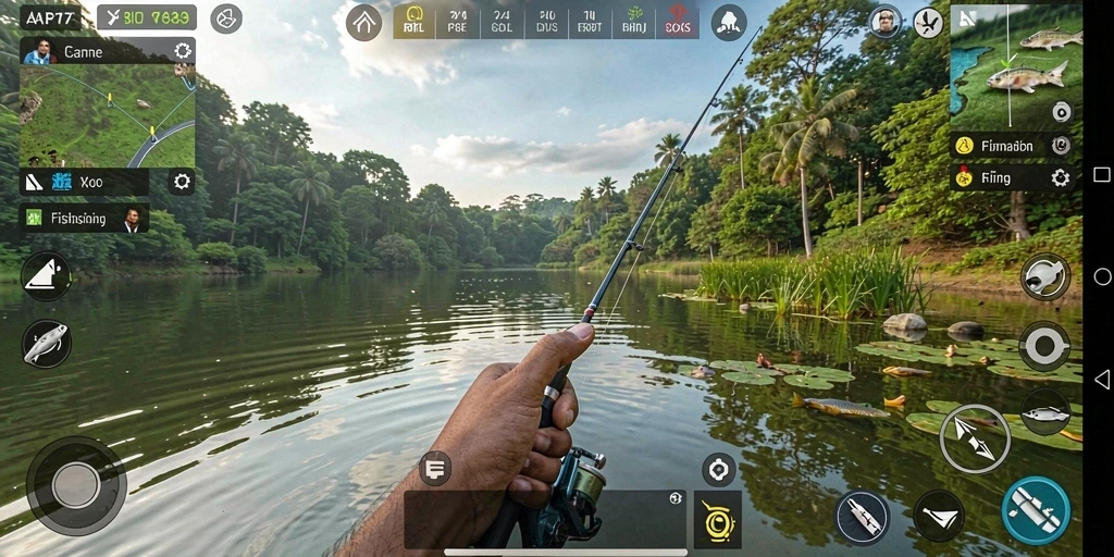 Screenshot menampilkan gameplay seru di lingkungan memancing yang indah.