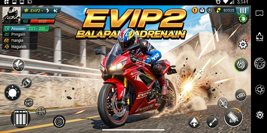Screenshot permainan <strong>EVIP2</strong> menampilkan aksi balapan motor yang mendebarkan.