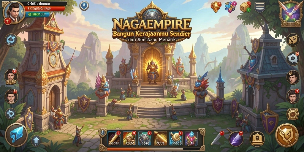 Screenshot gameplay NAGAEMPIRE menampilkan pembangunan kerajaan yang menarik.