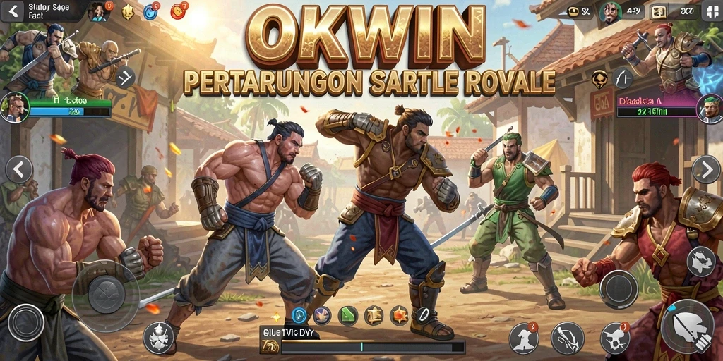 Screenshot gameplay OKWIN menampilkan pertarungan seru dalam Battle Royale.