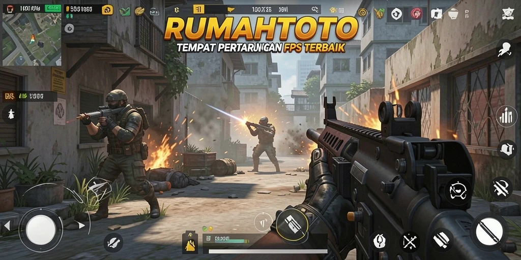 Screenshot gameplay RUMAHTOTO yang menunjukkan aksi tembak-menembak yang intens.