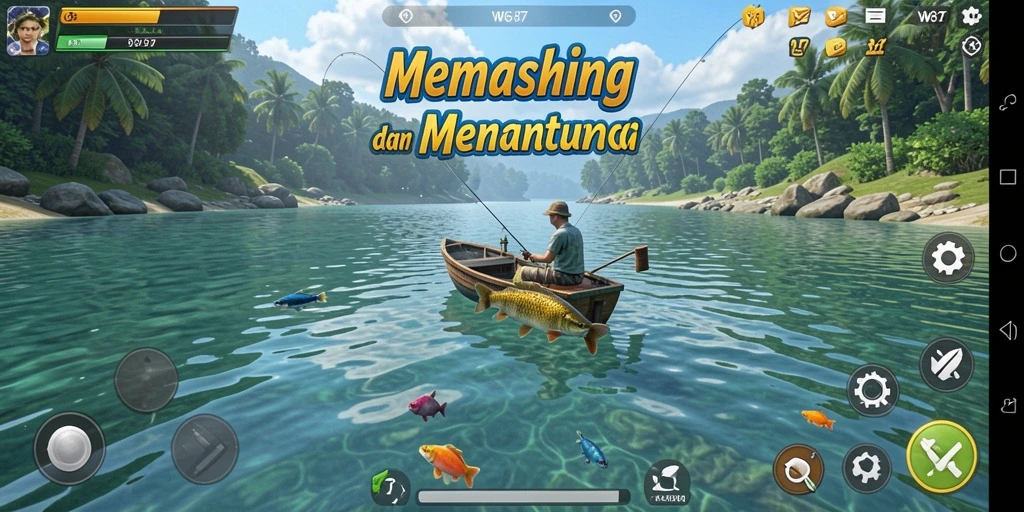 Screenshot dari gameplay WG87 menampilkan keseruan memancing.